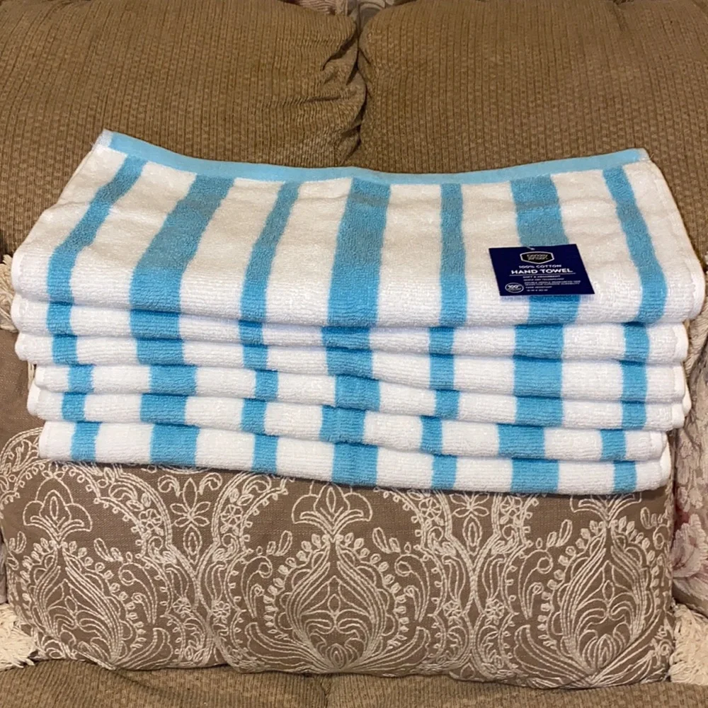 🩵🐚🩵NWT 100% Cotton Hand Towels Striped Agua/White Bundle Set
